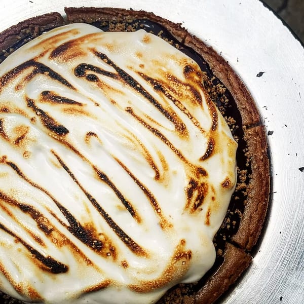 Close-up of a s'mores dessert with toasted marshmallow topping and chocolate crust.