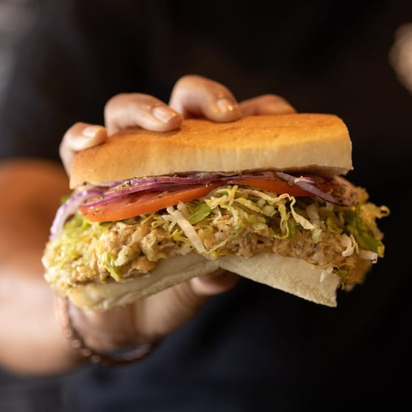 A hand holds a How Delish HD sandwich filled with shredded chicken, lettuce, tomatoes, and red onions.